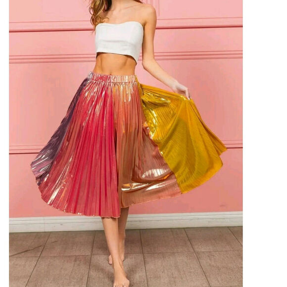 BiBi Rainbow Pleated Midi Skirt New Large - Picture 5 of 5